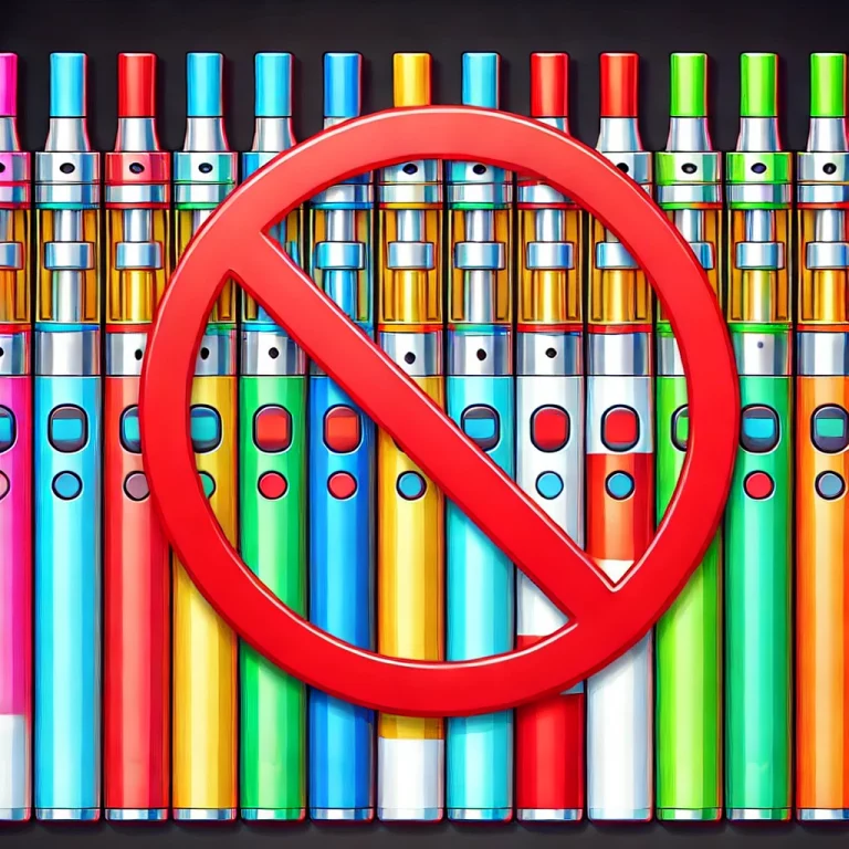 A-high-quality-digital-illustration-of-colorful-disposable-e-cigarettes-puffs-similar-to-Elfbar-or-Wpuff-neatly-arranged-in-a-row-with-a-bold-red-p
