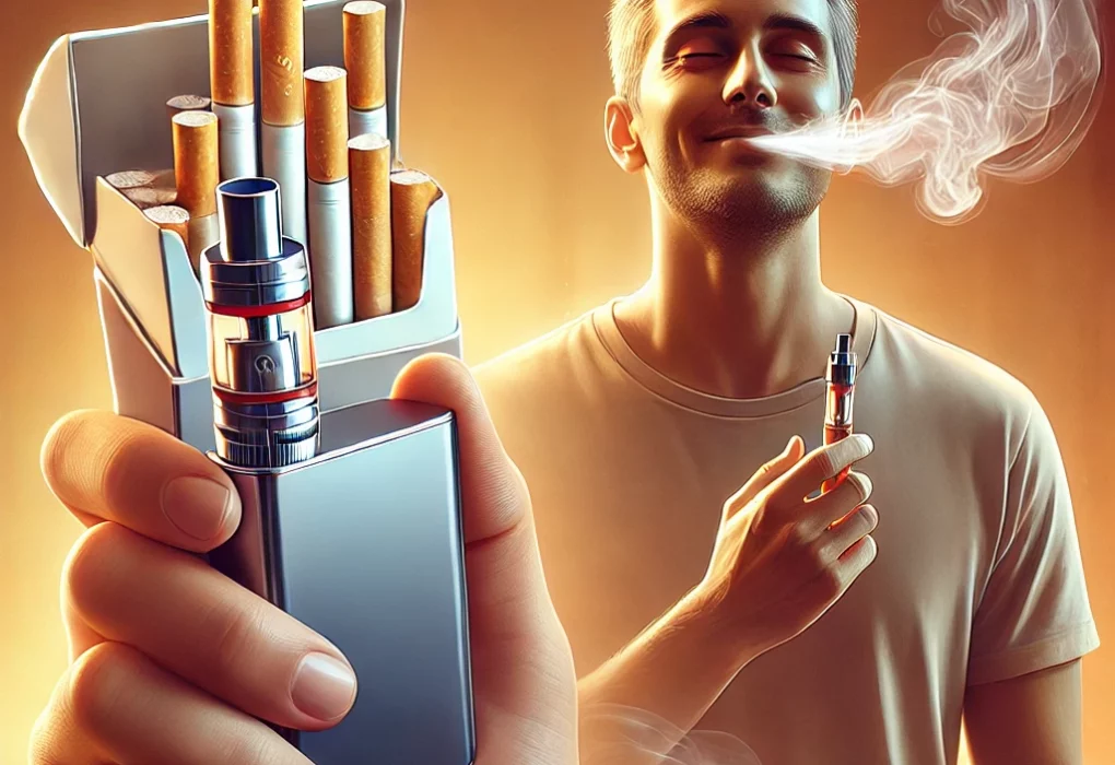 A-realistic-digital-illustration-of-a-person-holding-a-vape-device-while-looking-relieved-and-happy.-In-the-background-there-is-a-subtle-fade-effect-