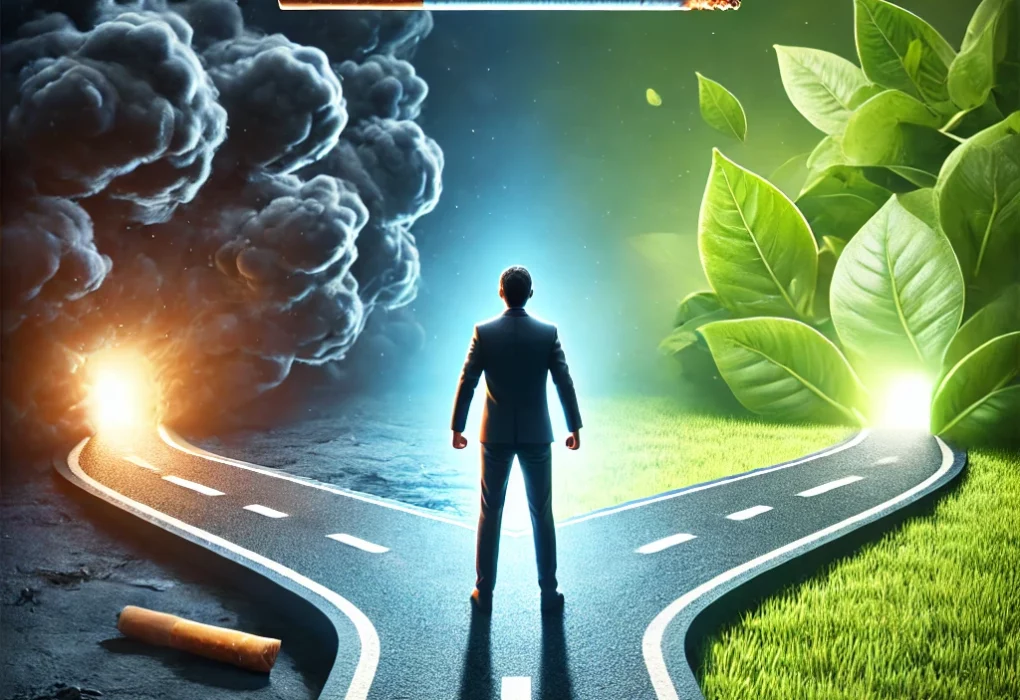 A-symbolic-illustration-representing-the-struggle-of-quitting-smoking-and-avoiding-relapse.-The-image-features-a-person-standing-at-a-crossroads