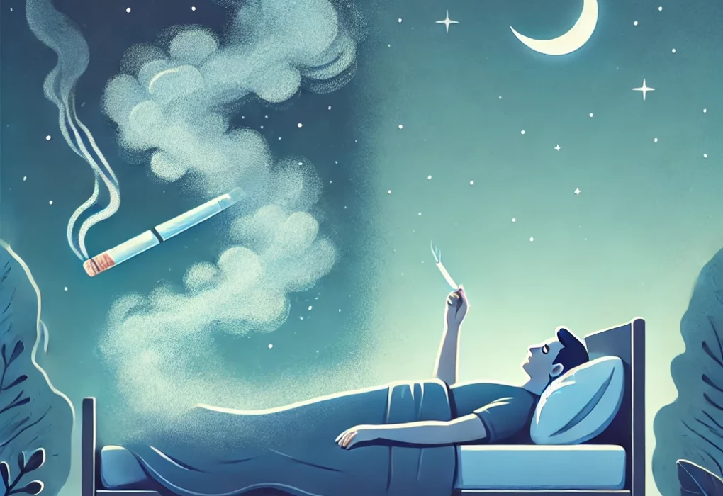 A calming and symbolic illustration representing the impact of smoking on sleep and the benefits of quitting. The image features a person sleeping